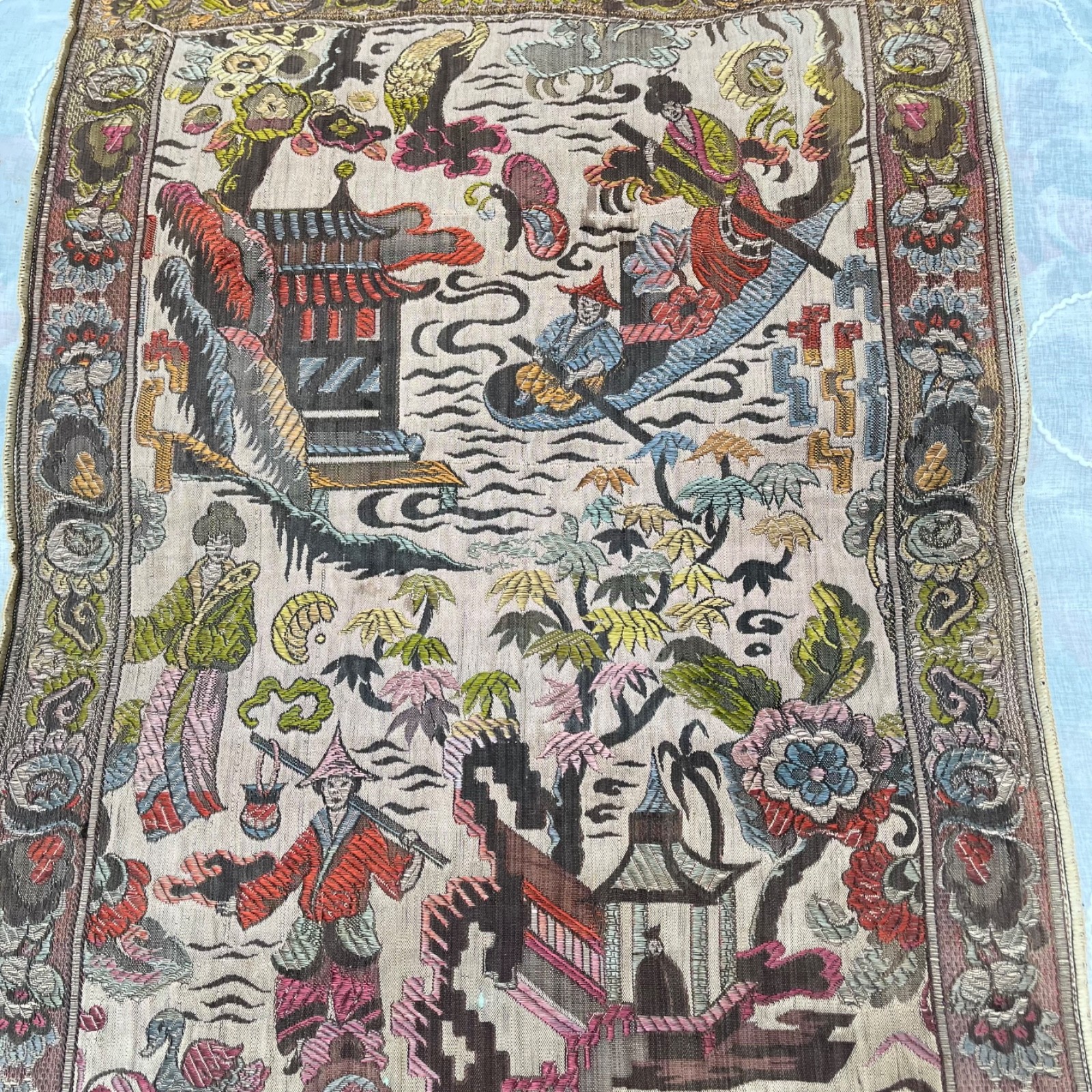 Vintage Asian Silk Hand Embroidered Textile 48 x 17 Panel Runner Pagoda Scene