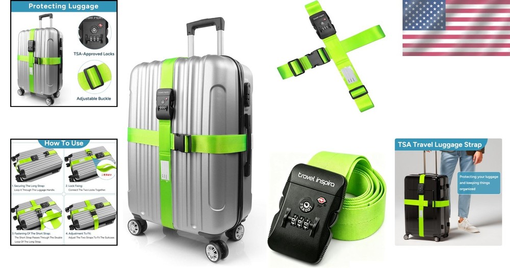 3-Digit Combination Lock Luggage Straps, Green, 2 Pack