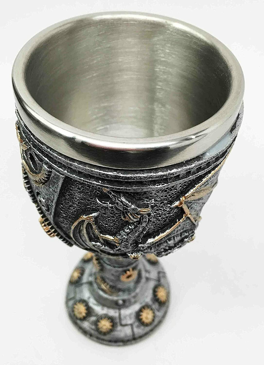 Silvered Steampunk Dragon and Gears Goblet w/Stainless Steel Liner