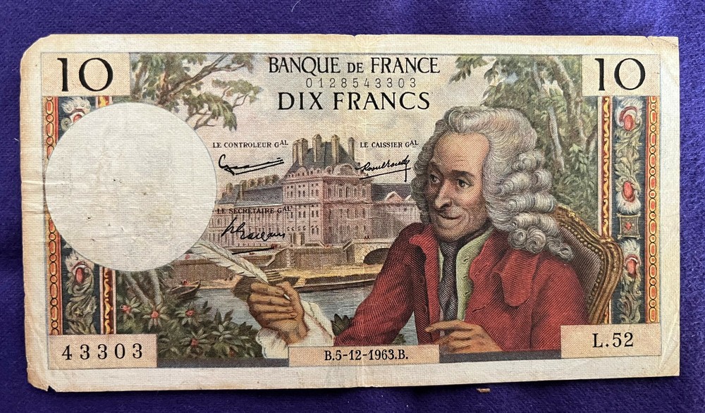 FRANCE 1963 VOLTAIRE 10 FRANC NOTE