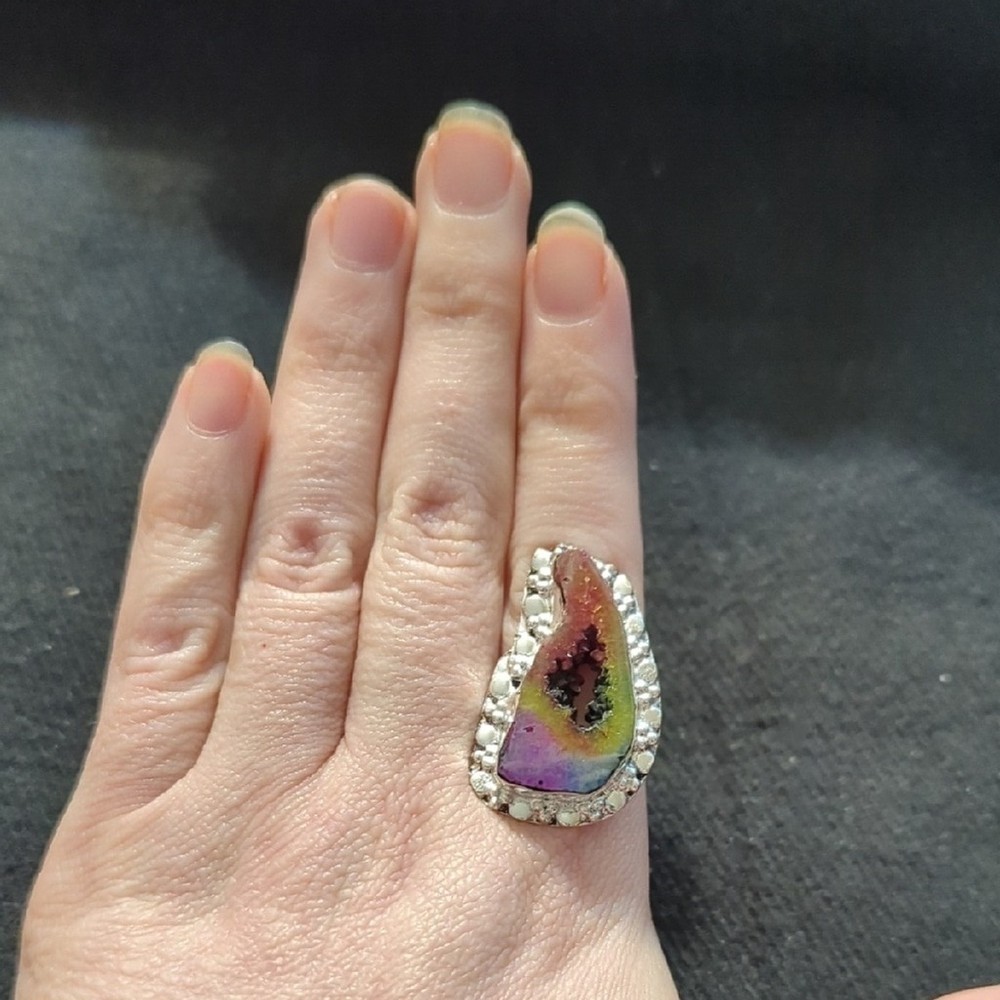 Silver Plated Rainbow Solar Quartz Druzy Gemstone Statement Ring - Size 8.5