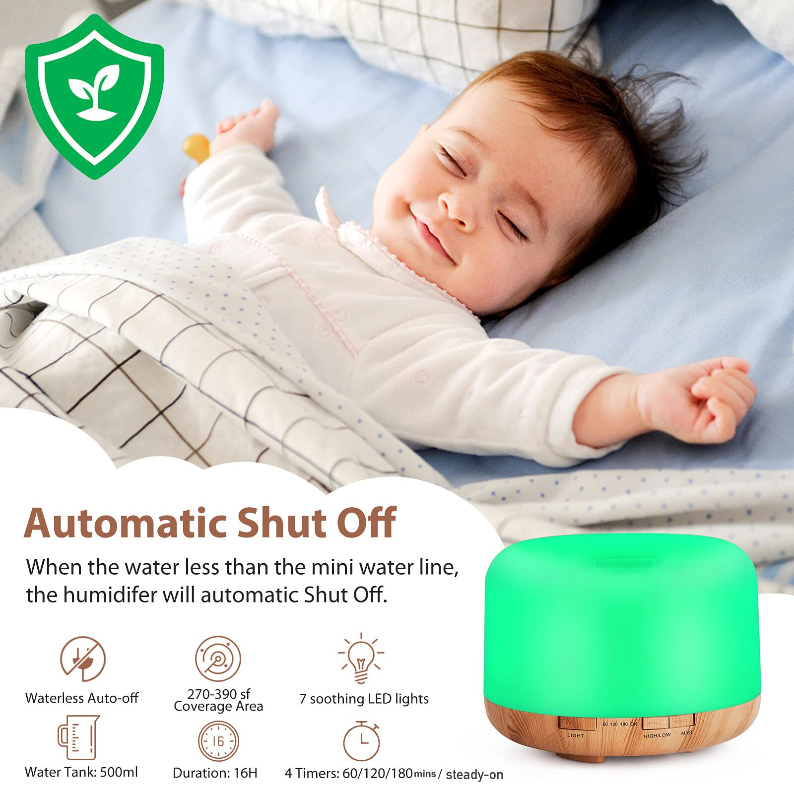 Essential Oil Diffuser 500ML Aromatherapy Diffuser Mist Humidifiers 7 Color LED