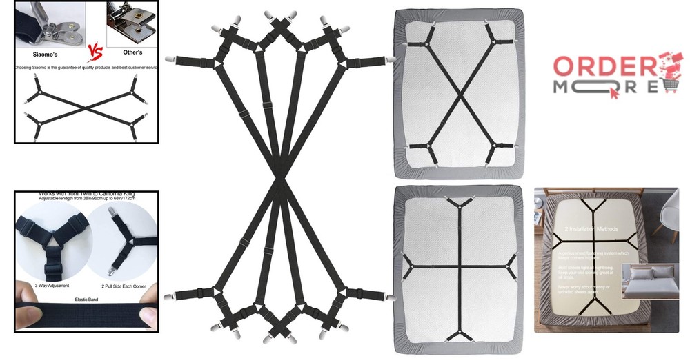 Bed Sheet Clip Straps Adjustable Elastic Gripper for Fitted Sheets 4 Pcs Black