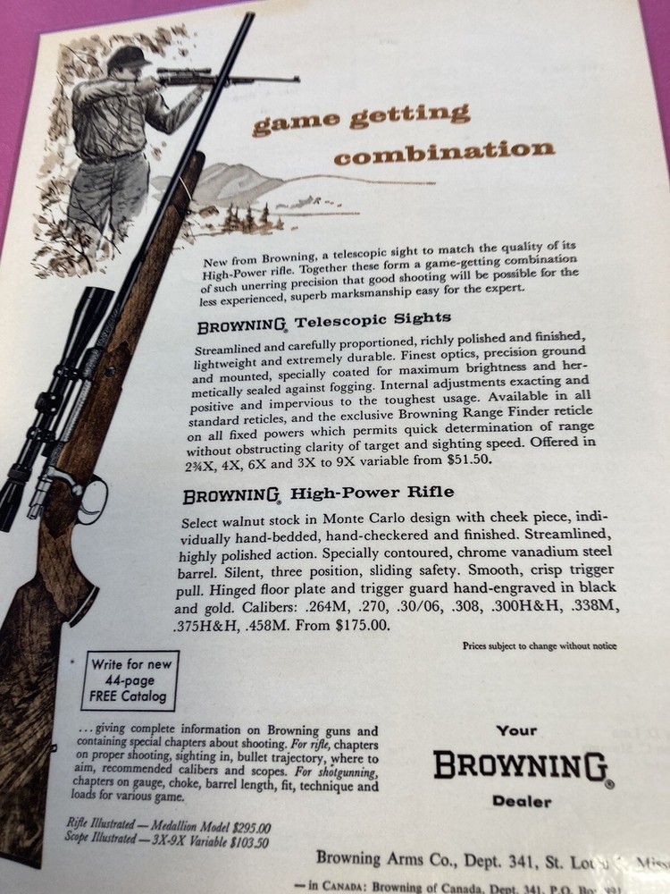 1962 BROWNING RIFLE LAMINATED AD  "GAME GETTING COMBINATION"