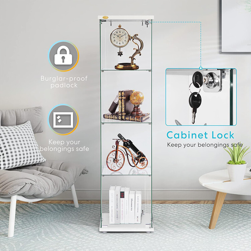 3/4-Shelf Glass Display Cabinet Glass Curio Cabinet Trophy Case Bookshelf & Lock