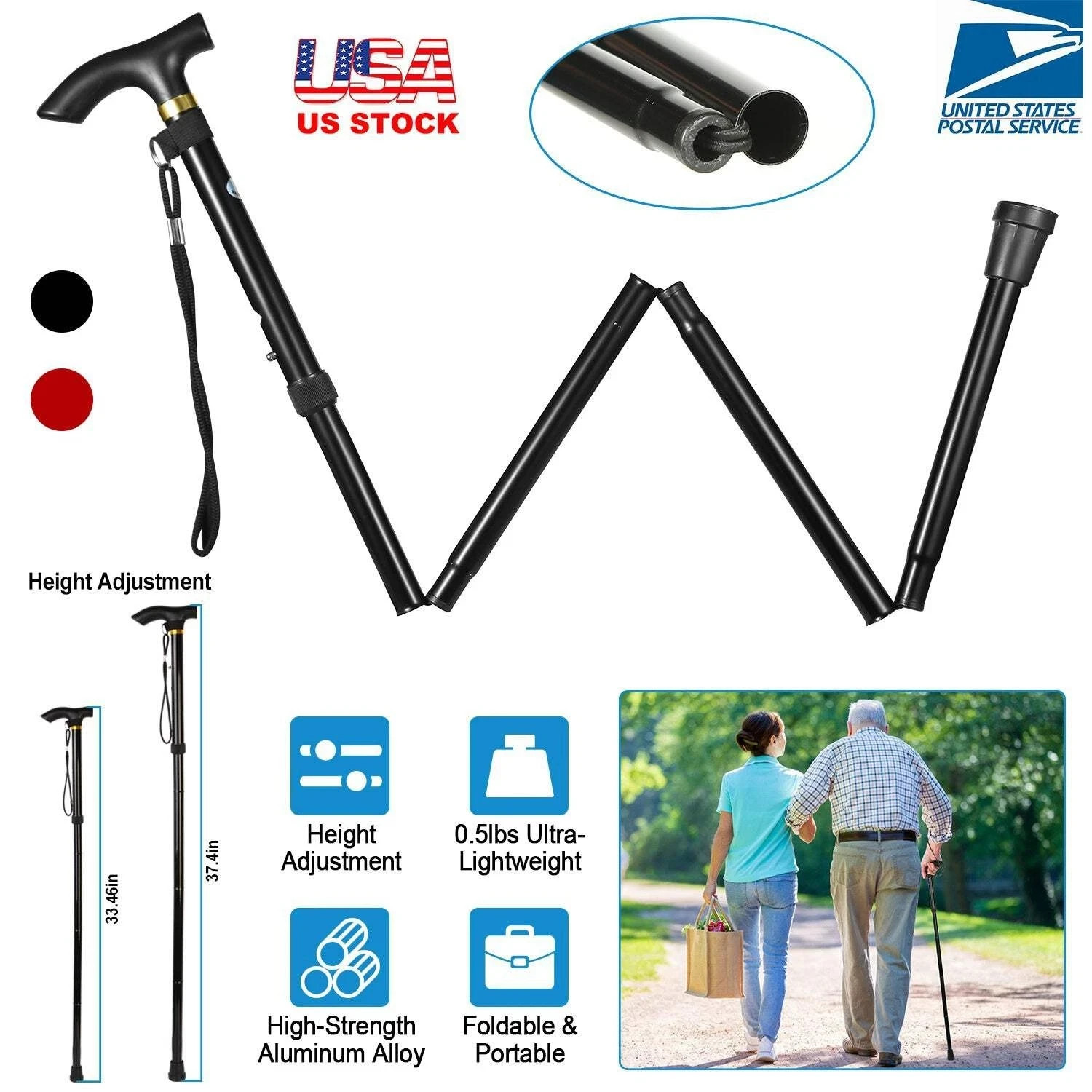 Walking Cane Aluminum Alloy Walking Stick Adjustable Folding Travel Hiking Stick
