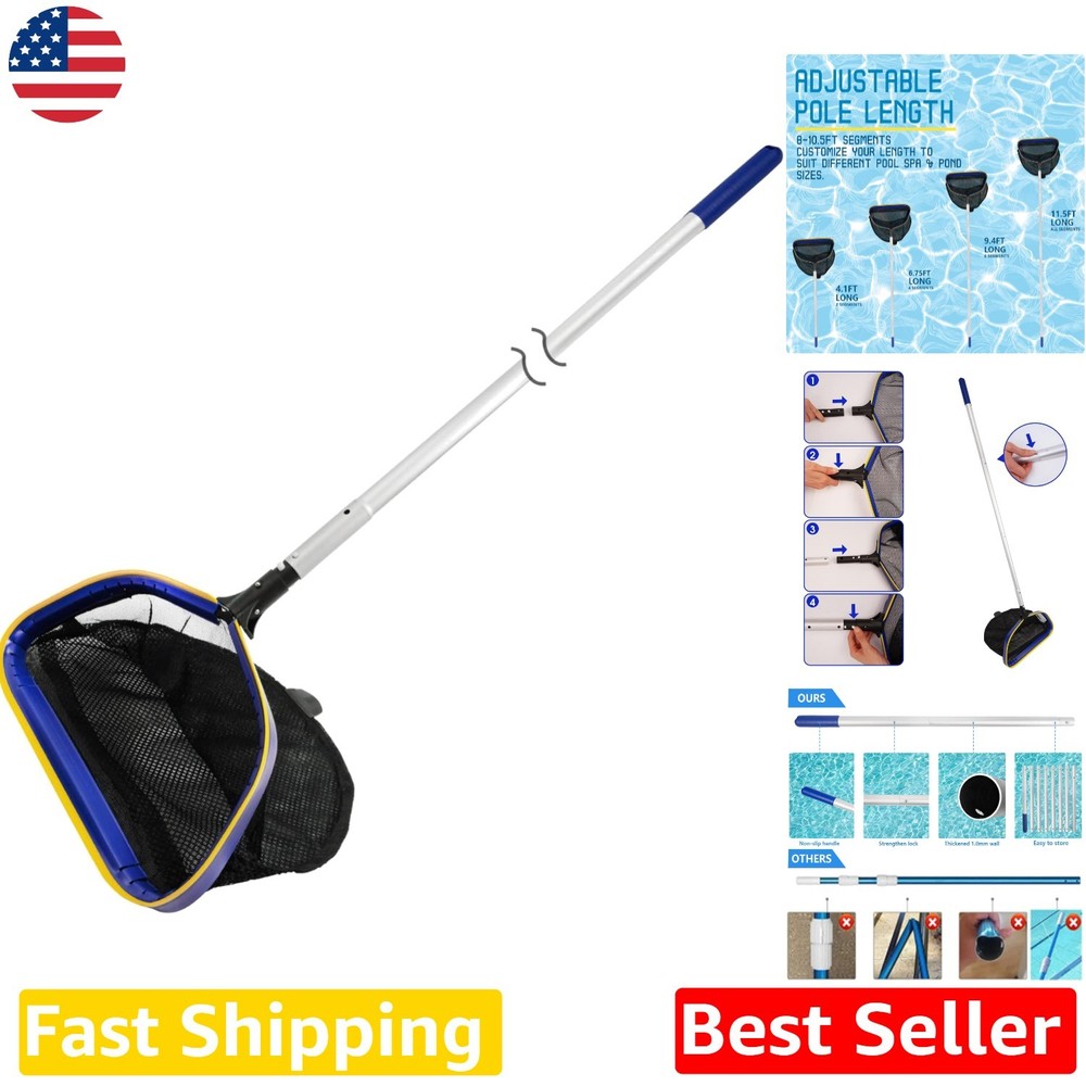 Pool Skimmer Net 10ft Adjustable Pole Heavy Duty Deep Bag Leaf Rake