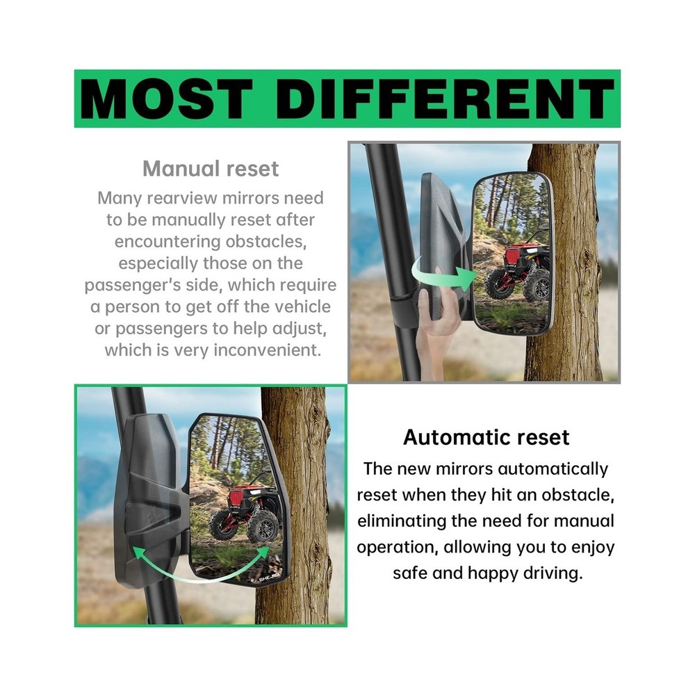 UTV Side Mirrors, Automatic Reset, for 1.5"-2.0" Roll Cage, Universal Fit
