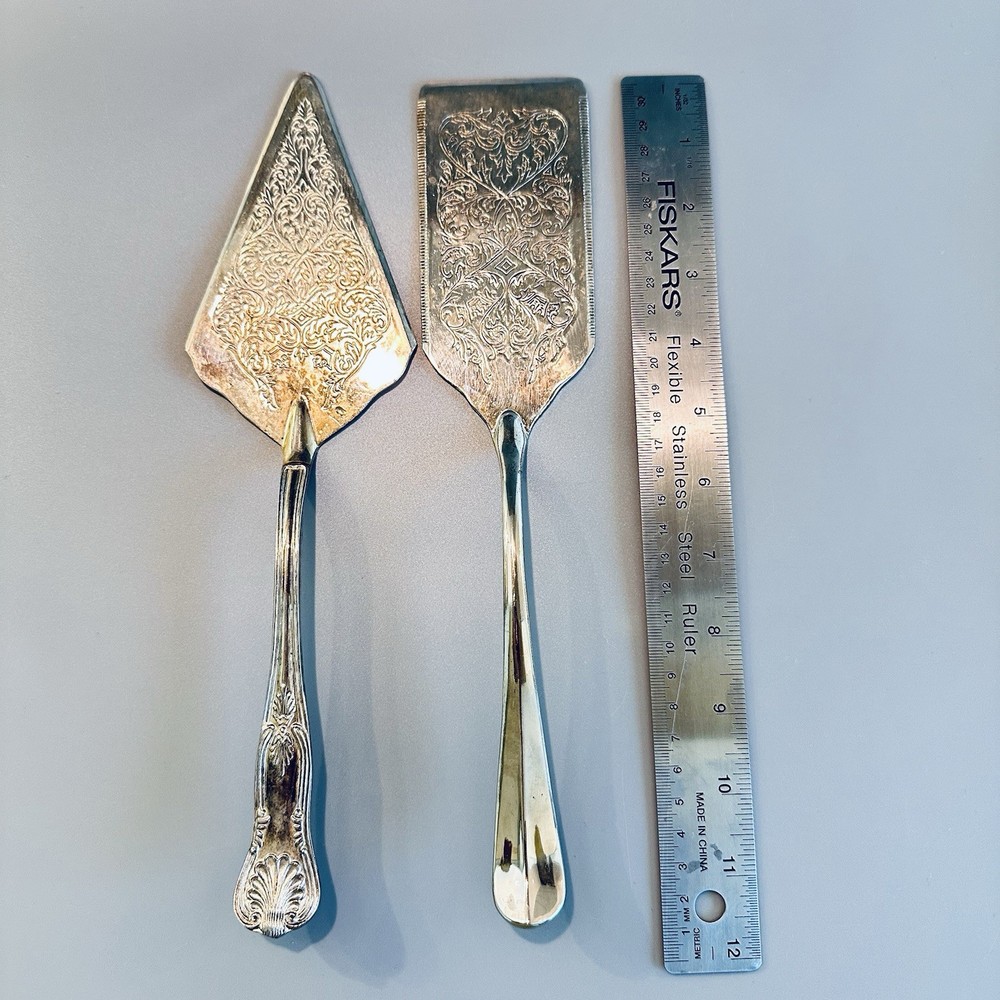 2 Godinger Cake Cutter Pie Silver Plated Server Serrated Edge 11” Vtg Set Lot