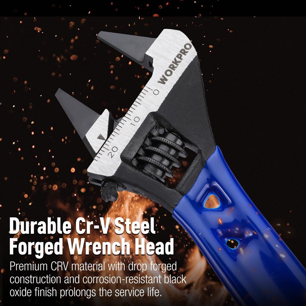 WORKPRO 4" Thin Jaws Stubby Wide Opening Adjustable Wrench w/2mm Jaws Metric/SAE
