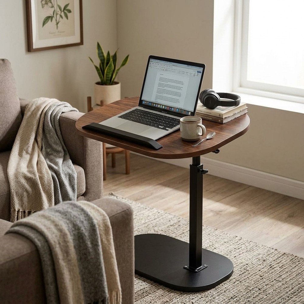 Swivel Walnut C-Shaped Side Table Height Adjustable End Table for Sofa with Slot