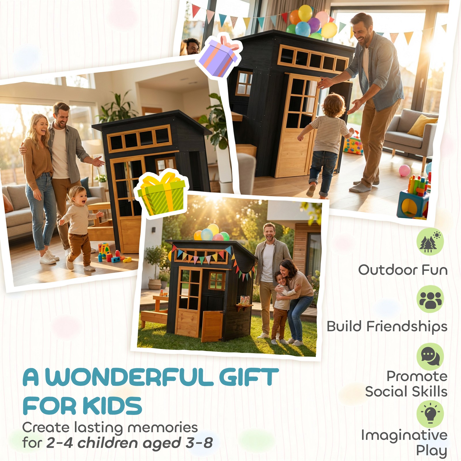 Qaba Kids Outdoor Playhouse, Wooden Kids Playhouse w/ Picnic Table