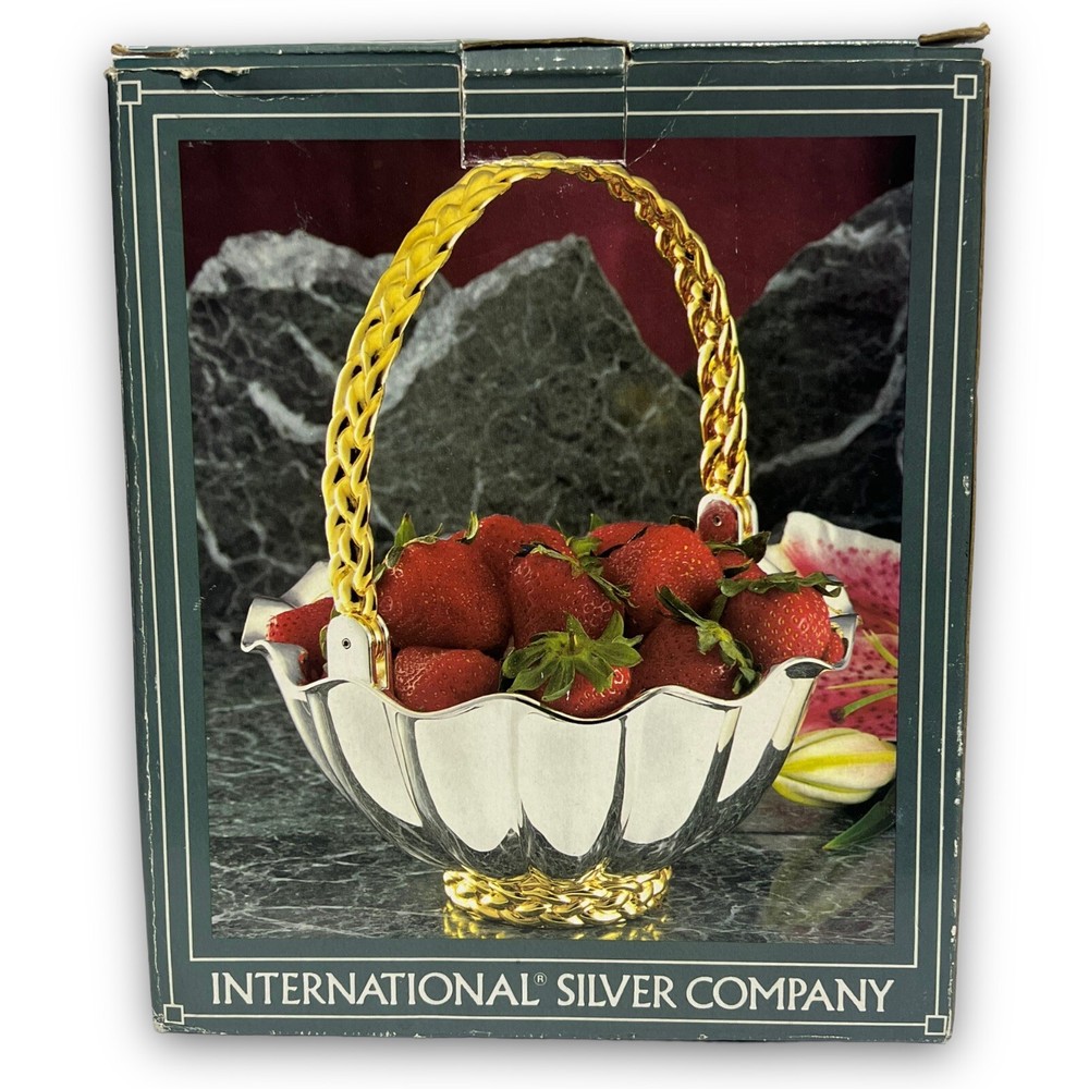 Vintage Silver Plated Basket with Gold Braided Handle and Trim