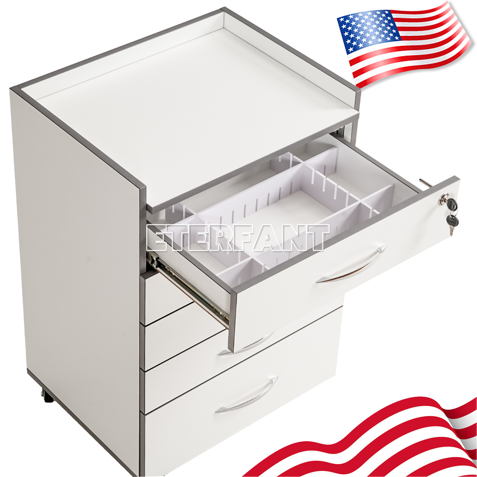 Dental Medical 5 Drawers Trolley Cart Acrylic Mobile Rolling Cart Wooden Cabinet