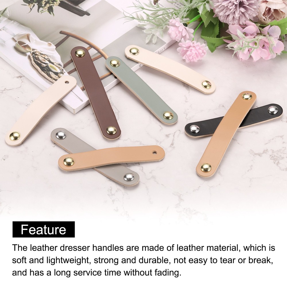 6 Packs Leather Drawer Pulls Double Hole Knobs, Beige/Gold(Hole Spacing:96mm)