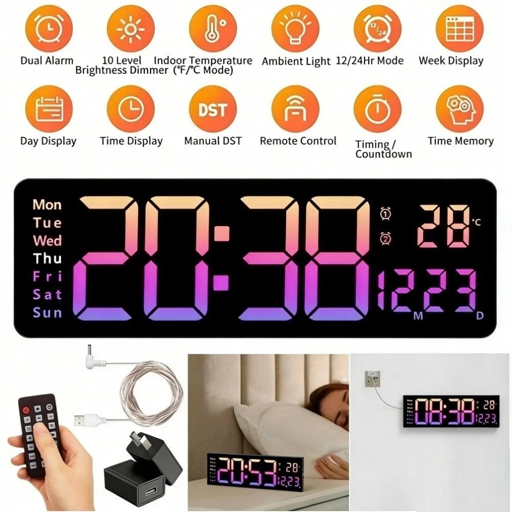 16in Large Digital Wall Clock Large Display LED Wall Clock Timer Pink with Plug