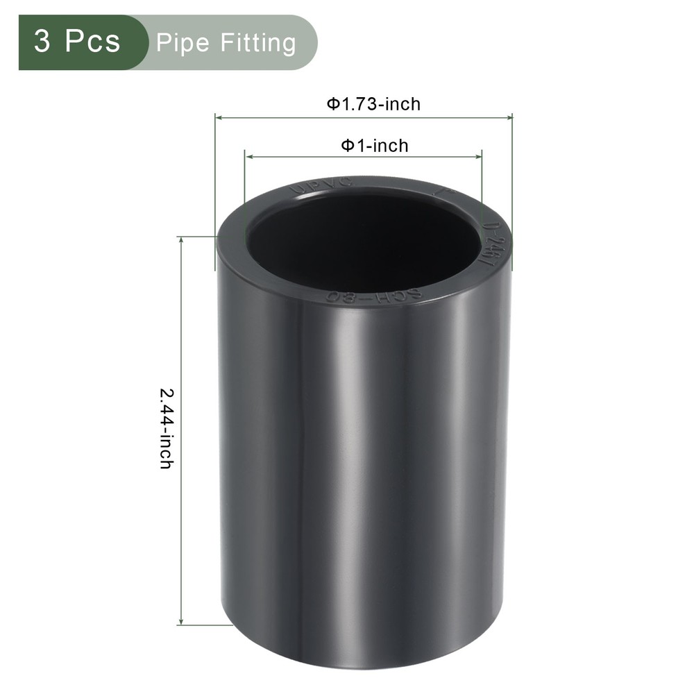 3 Pcs UPVC Fitting, Straight Adapter Connector Socket Schedule 80(Gray, 1")