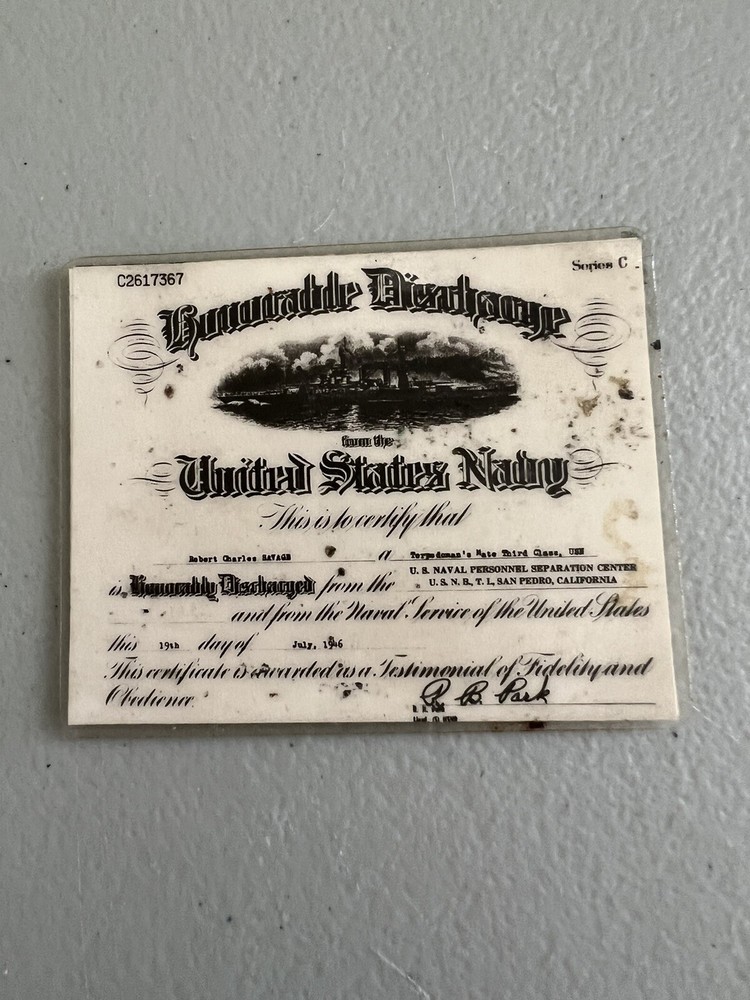 Vintage Military Certificate US Navy Honorable Discharge ID Laminated