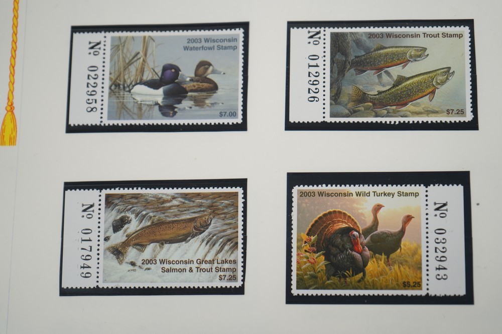 US 1970s-2010s COLLECTION OF 92 WISCONSIN STATE REVENUE STAMPS DUCKS & FISH