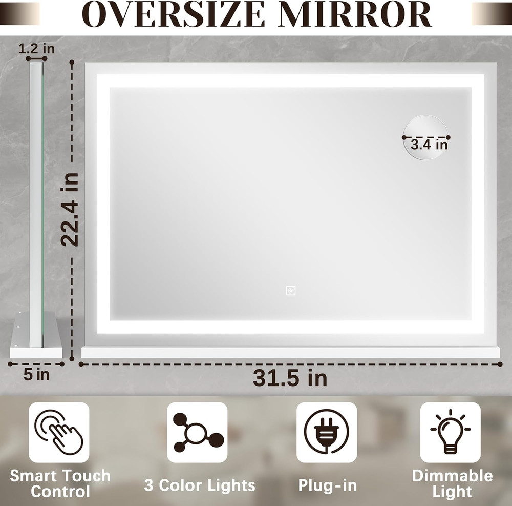 31" LED Lighted Vanity Mirror with Dimming & 10X Magnification