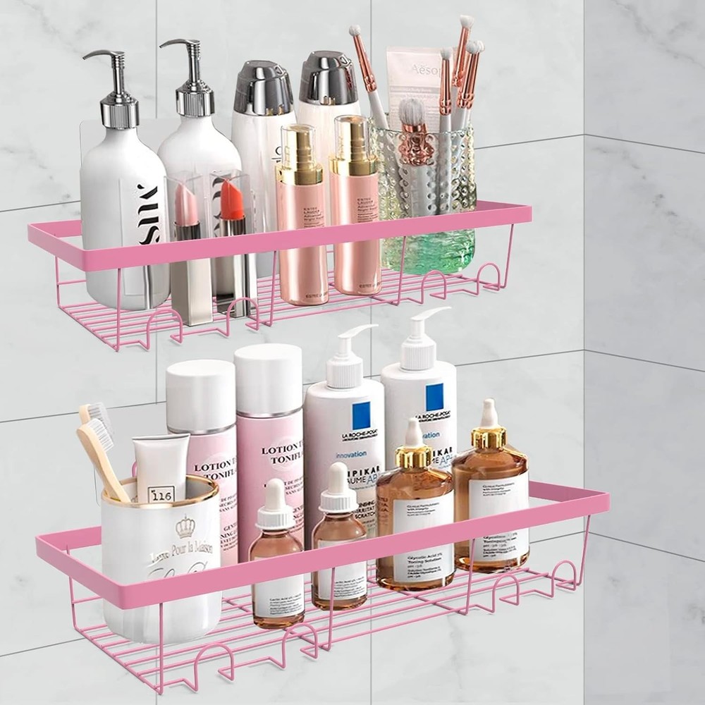 2 Pack Adhesive Shower Caddy Organizer with Hooks, Rustproof No Drilling Wall...