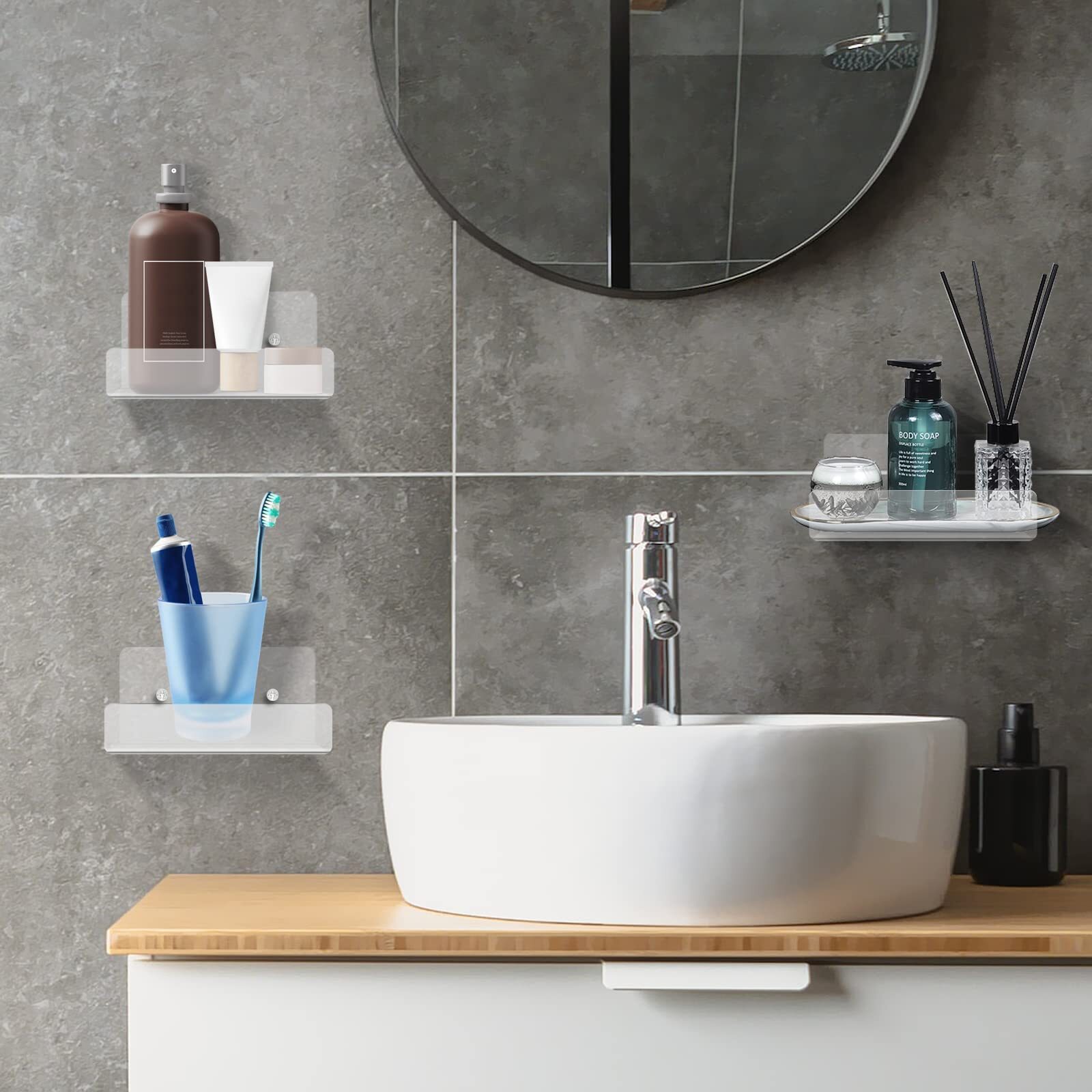 3 Pack Acrylic Small Floating Shelf for Wall Storage,4'' Clear Mini Adhesive She