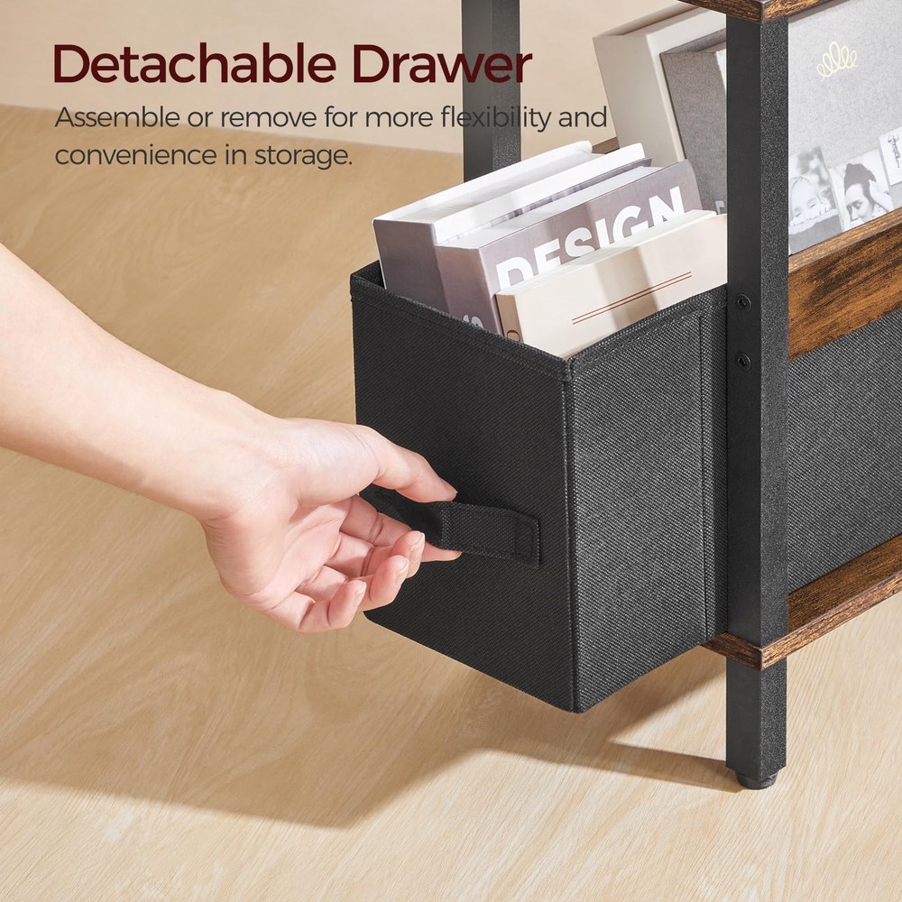 Narrow Side Table with Charging Station, Slim End Table with Fabric Storage, ...