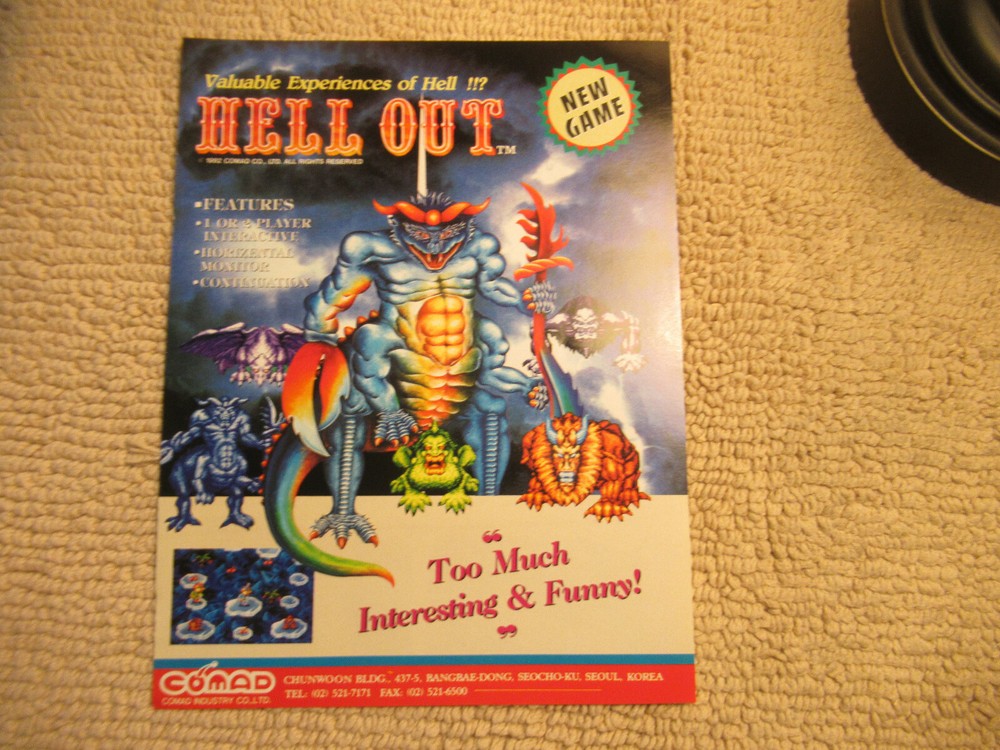 original 1992 11- 8 1/4'' HELL OUT COMAD  ARCADE VIDEO GAME FLYER