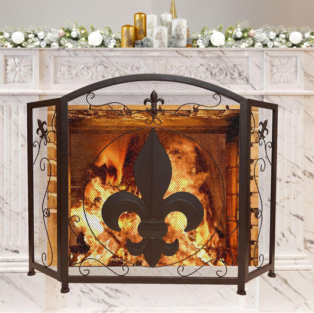 3-Panel Fireplace Screen Decorative with Fleur De Lis Design, Classic Dark Brown