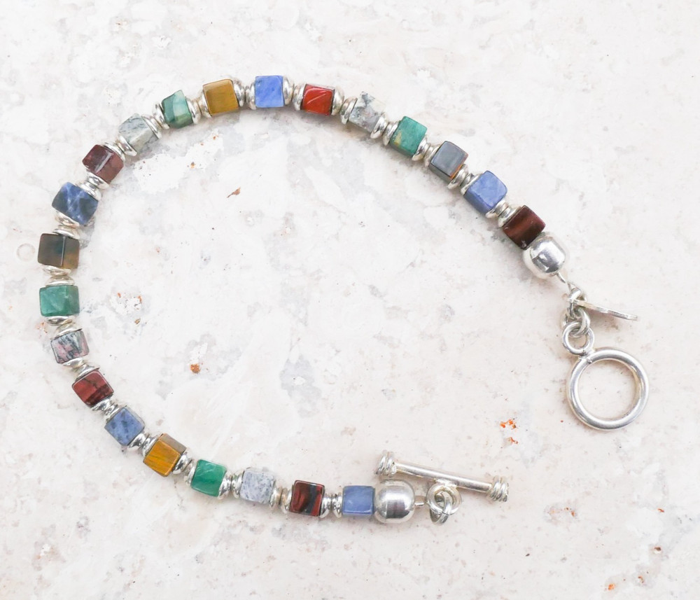 Silpada Sterling Silver Multi-Gemstone Cube Bead Bracelet 7.75" Toggle B0817