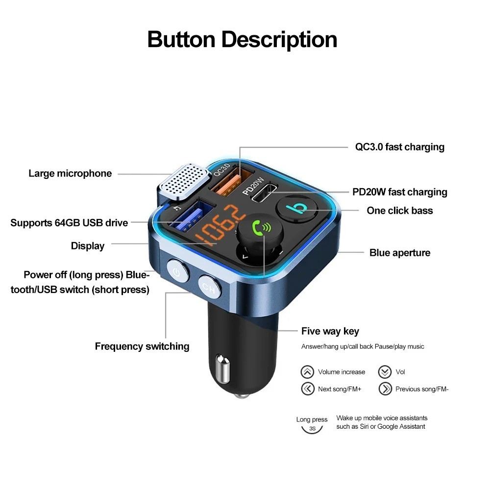 Bluetooth 5.0 Car Wireless FM Transmitter Adapter 2USB PD Charger AUX Hands-Free