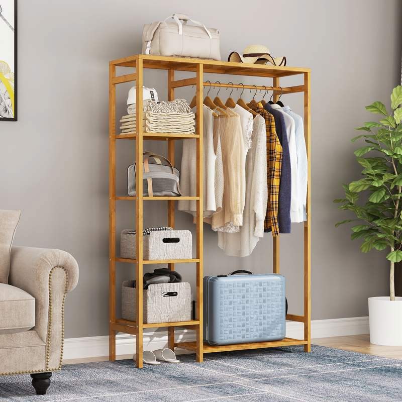 Extra Large Garment Rack Solid Bamboo Clothes Wardrobe Clothing Organizer Shelve