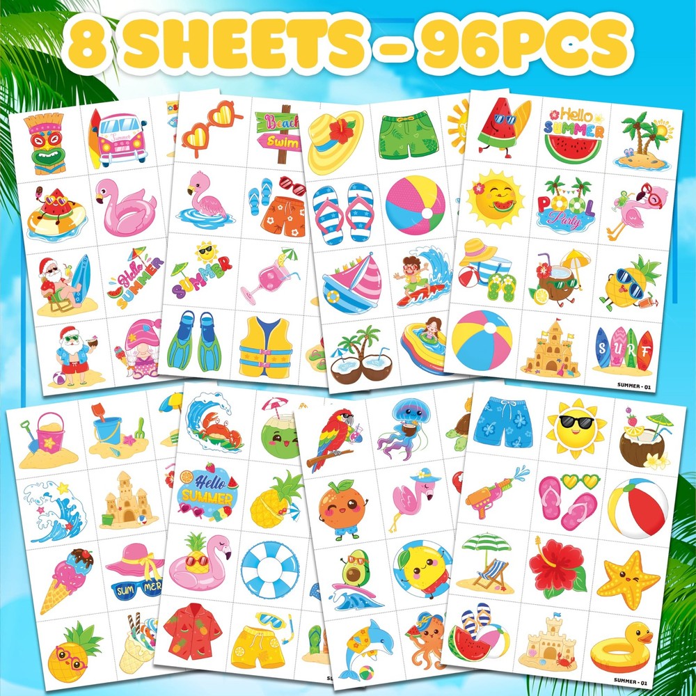 96 PCS Hello Summer Beach Pool Hawaiian Pre-Cut Temporary Medium, Multiple