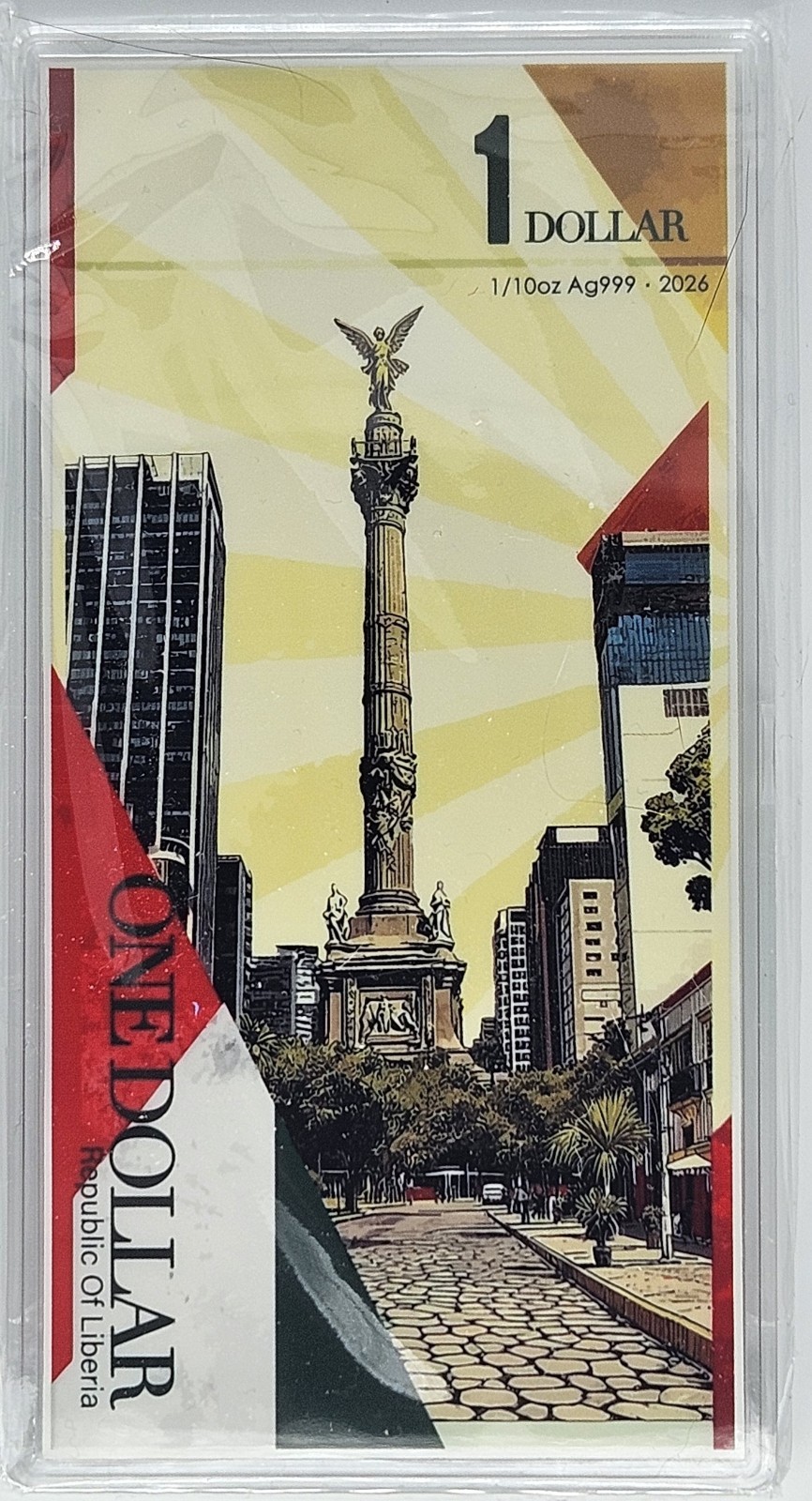 1/10 Oz Silver Note .999 1$ Liberia 2026 The Angel Of Independence In Case & box