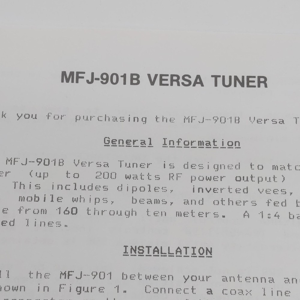MFJ-901B Versa Tuner Instructions, Original