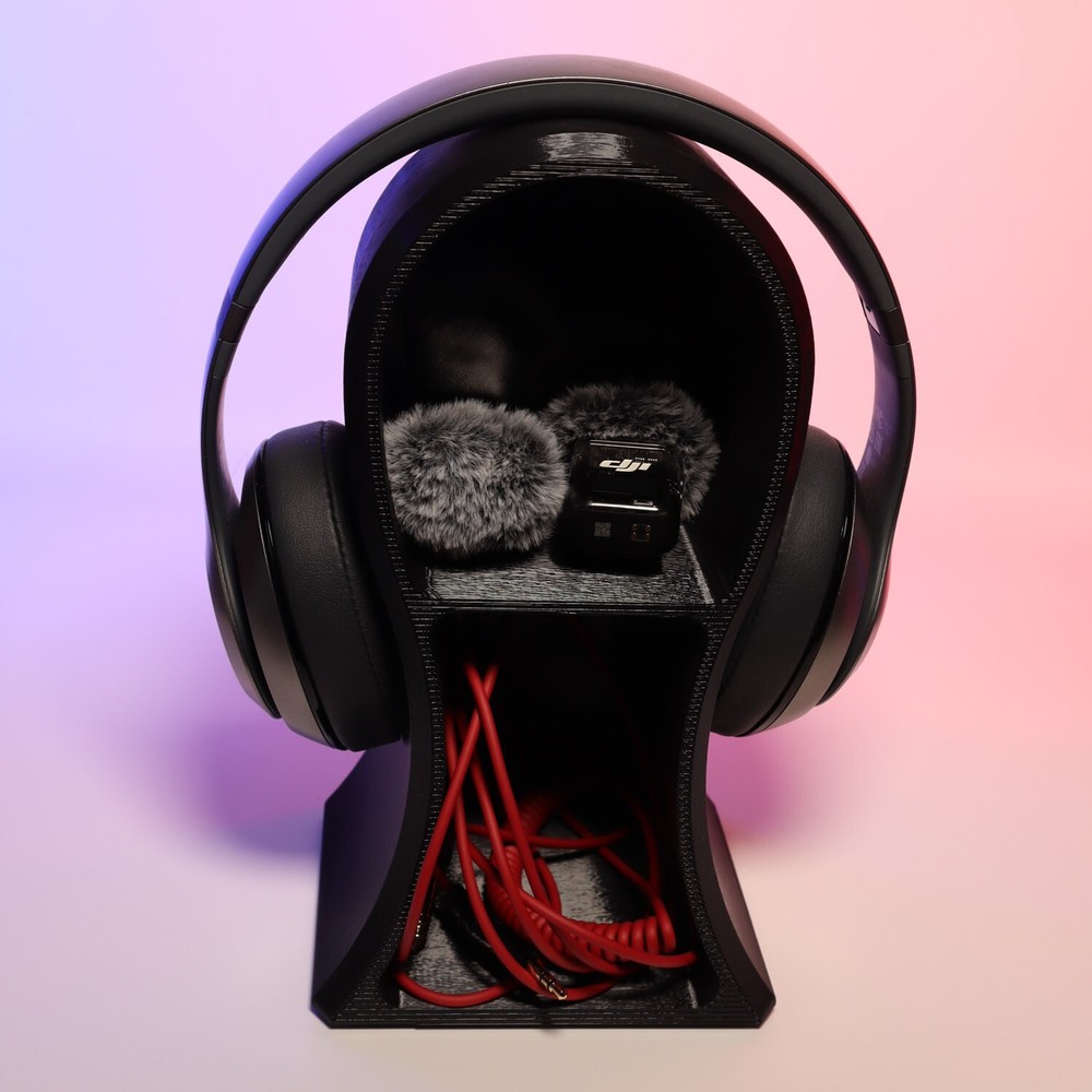 Headphone Stand with Storage Compartment, Black, Dual-Level Design