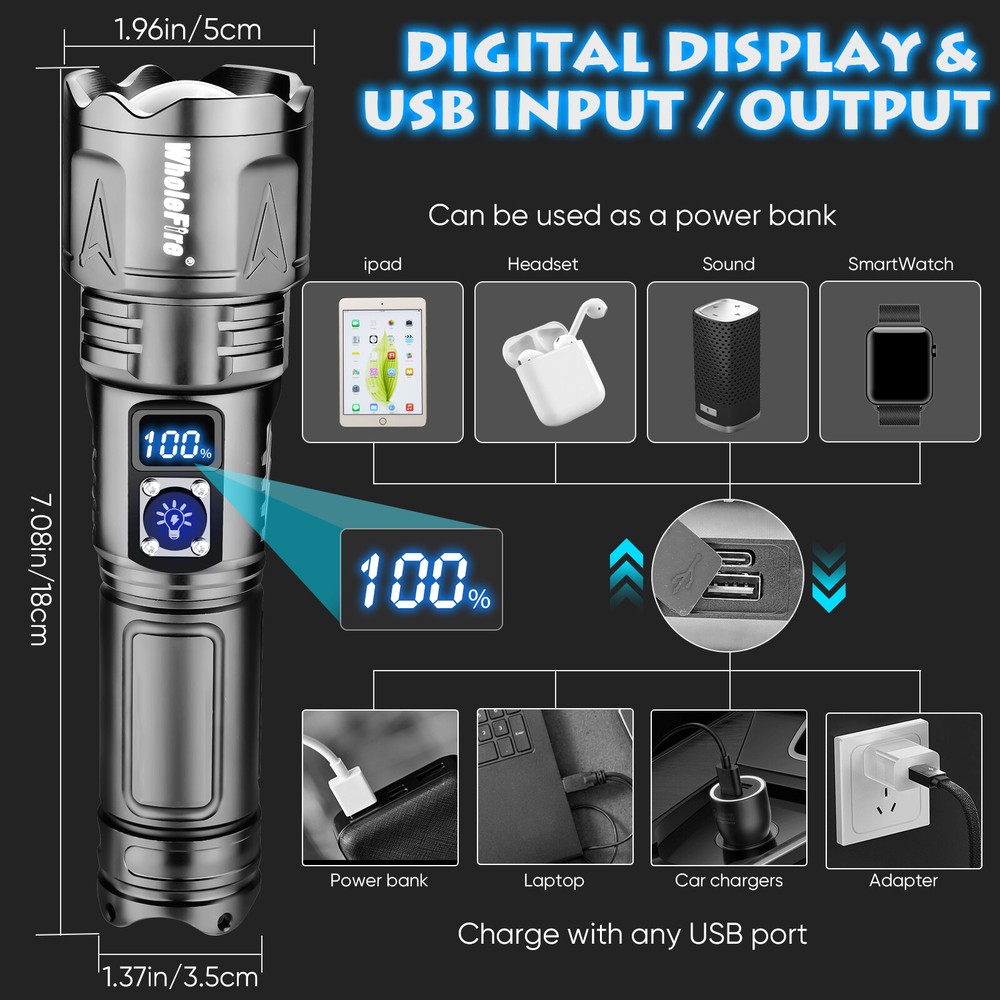 5000000 lumens LED tactical flashlight, super bright and powerful flashlight-