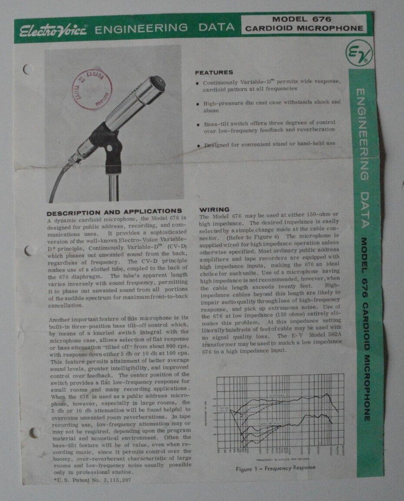 ELECTRO-VOICE model 676 cardioid microphone Engineering data brochure 1960s