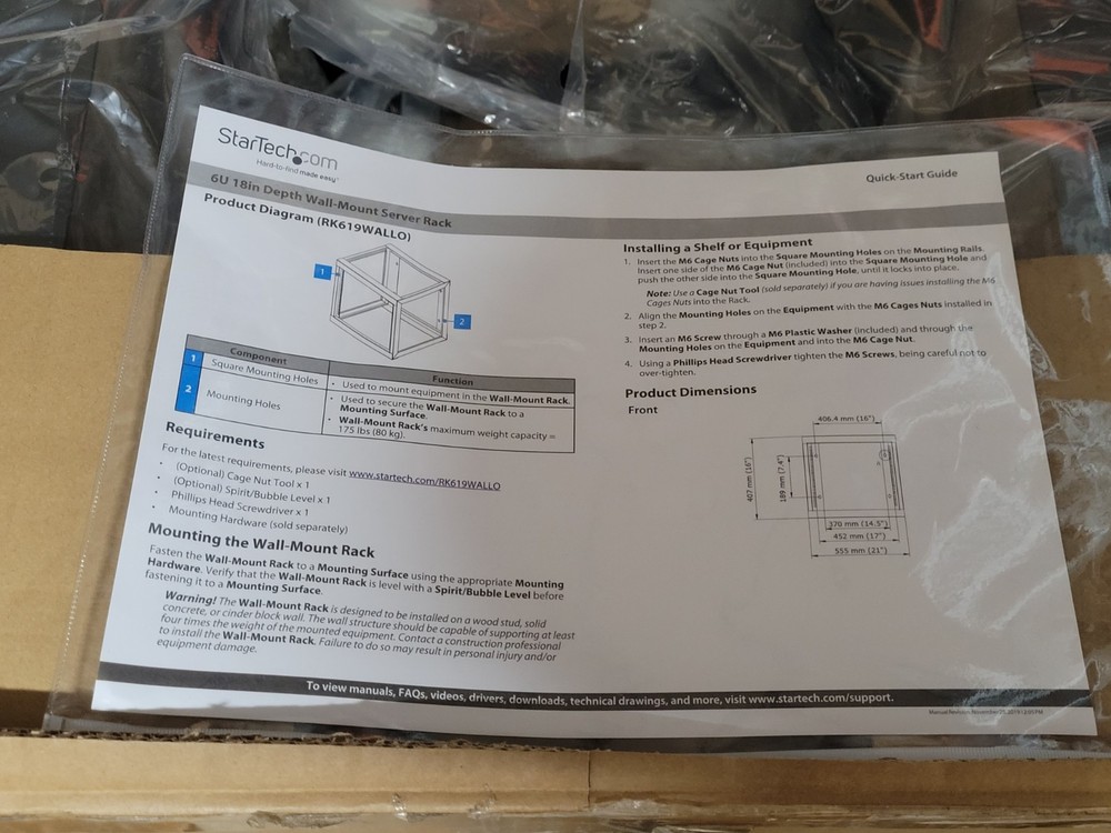 StarTech 6U 22in Depth Hinged Open Frame Wall Mount Server Rack