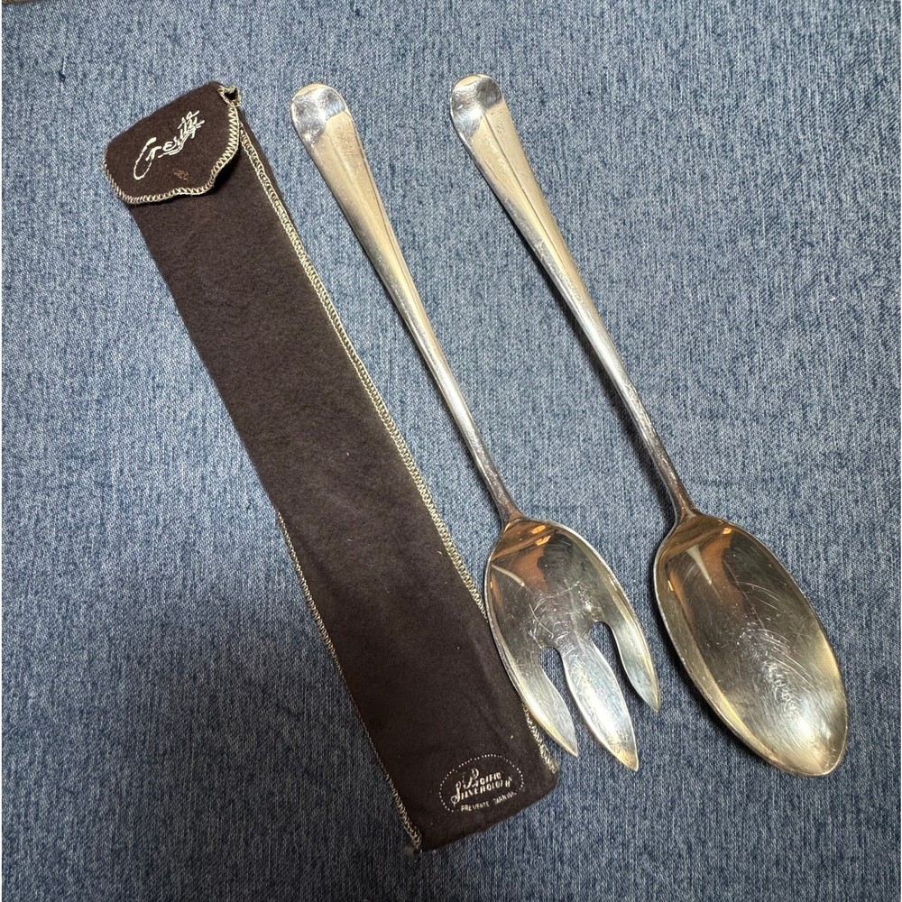 Vintage Gerity Silverplated Georgian Large Salad Serving Fork & Spoon Set w/Box