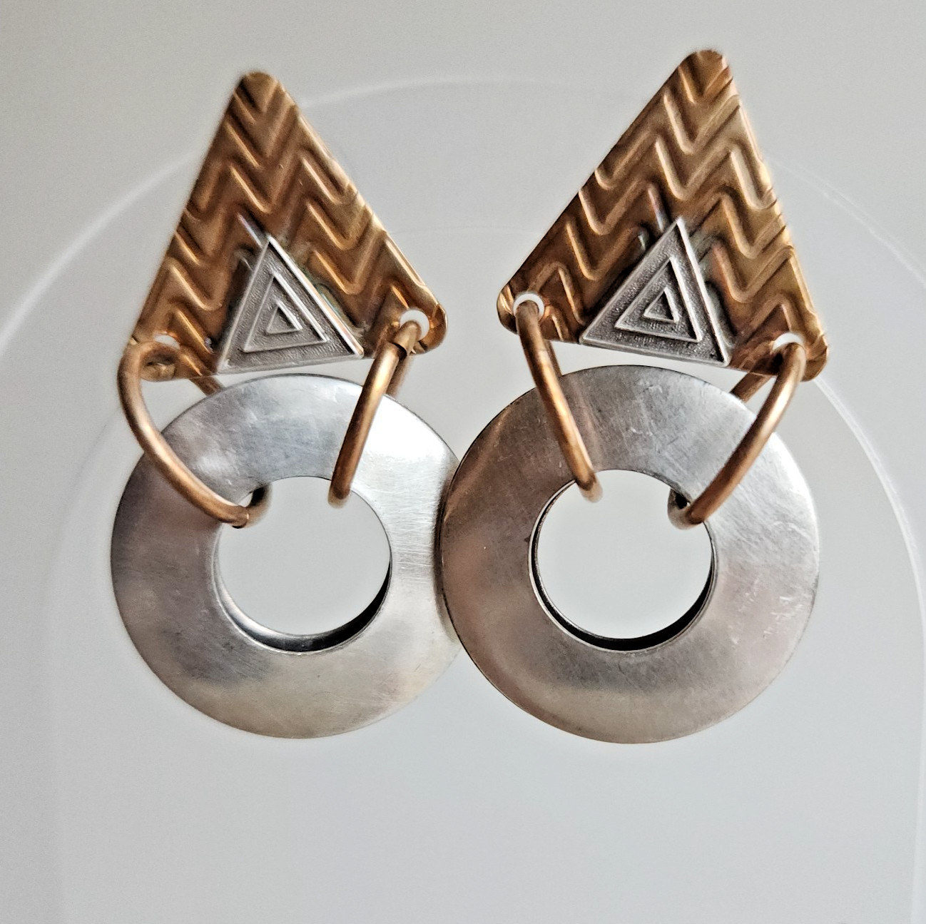 Handcrafted Geometric Artisan Post Earrings — Brass & Silver-Tone Disc Dangle
