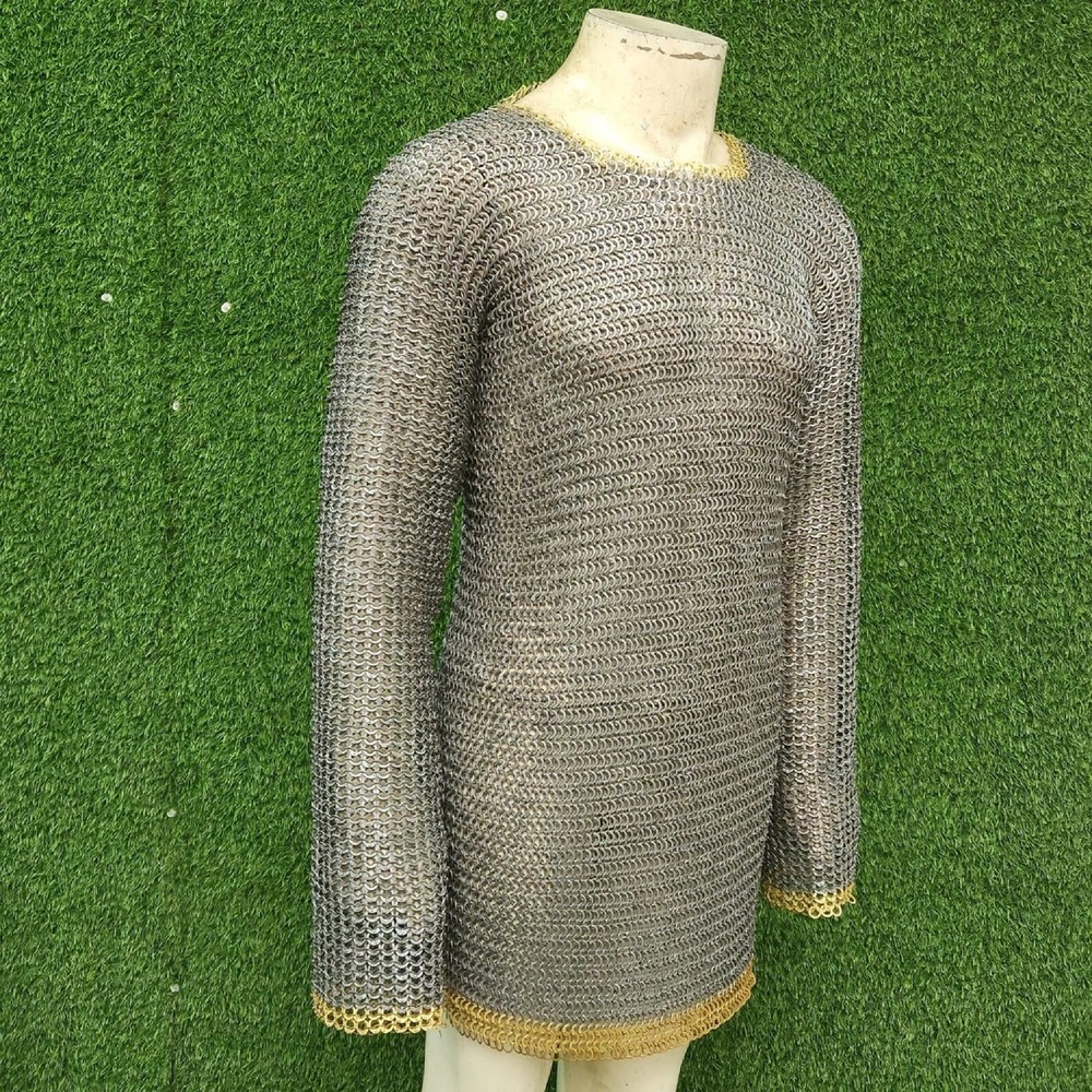 Oiled MS Chainmail Shirt 9mm Flat Riveted | Brass Rows | XXL