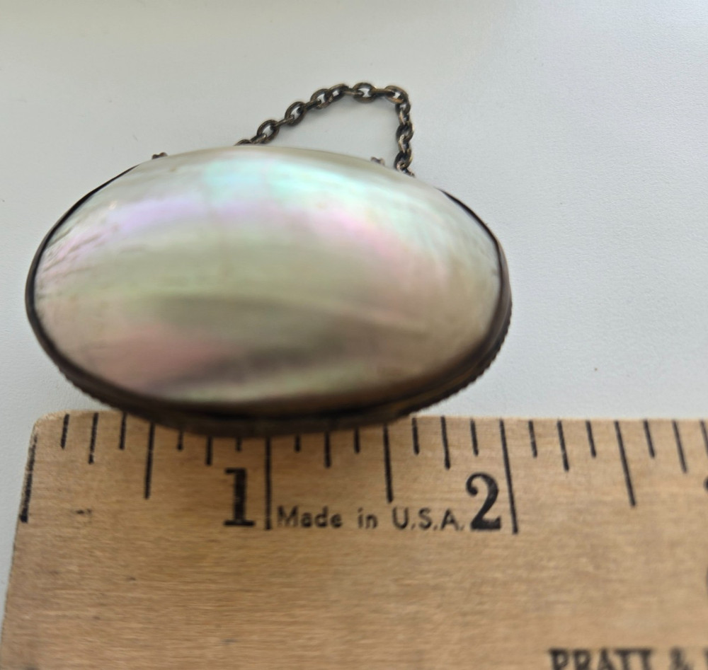 Antique MOP Shell Brass Thimble Holder Chatelaine Chain Figural Silver Thimble
