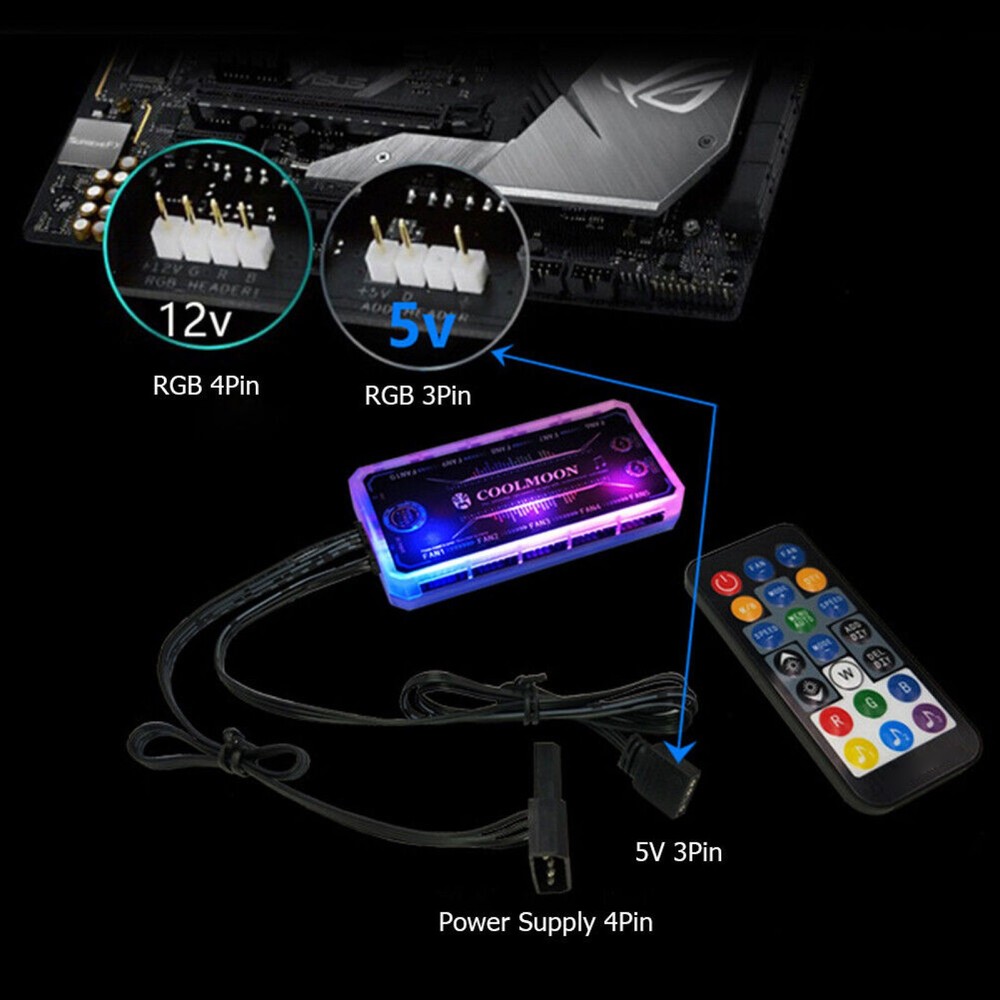For PC Case Fan Cooling Cooler Adapter LED RGB Lamp Controller+Remote Control