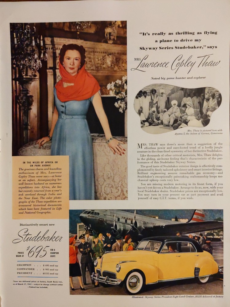 1941 vintage Studebaker print ad. Featuring Lawrence Copley Thaw.