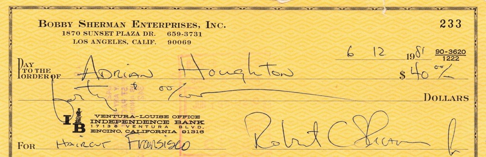 Bobby Sherman SIGNED Cancelled Check Handwritten from 1981