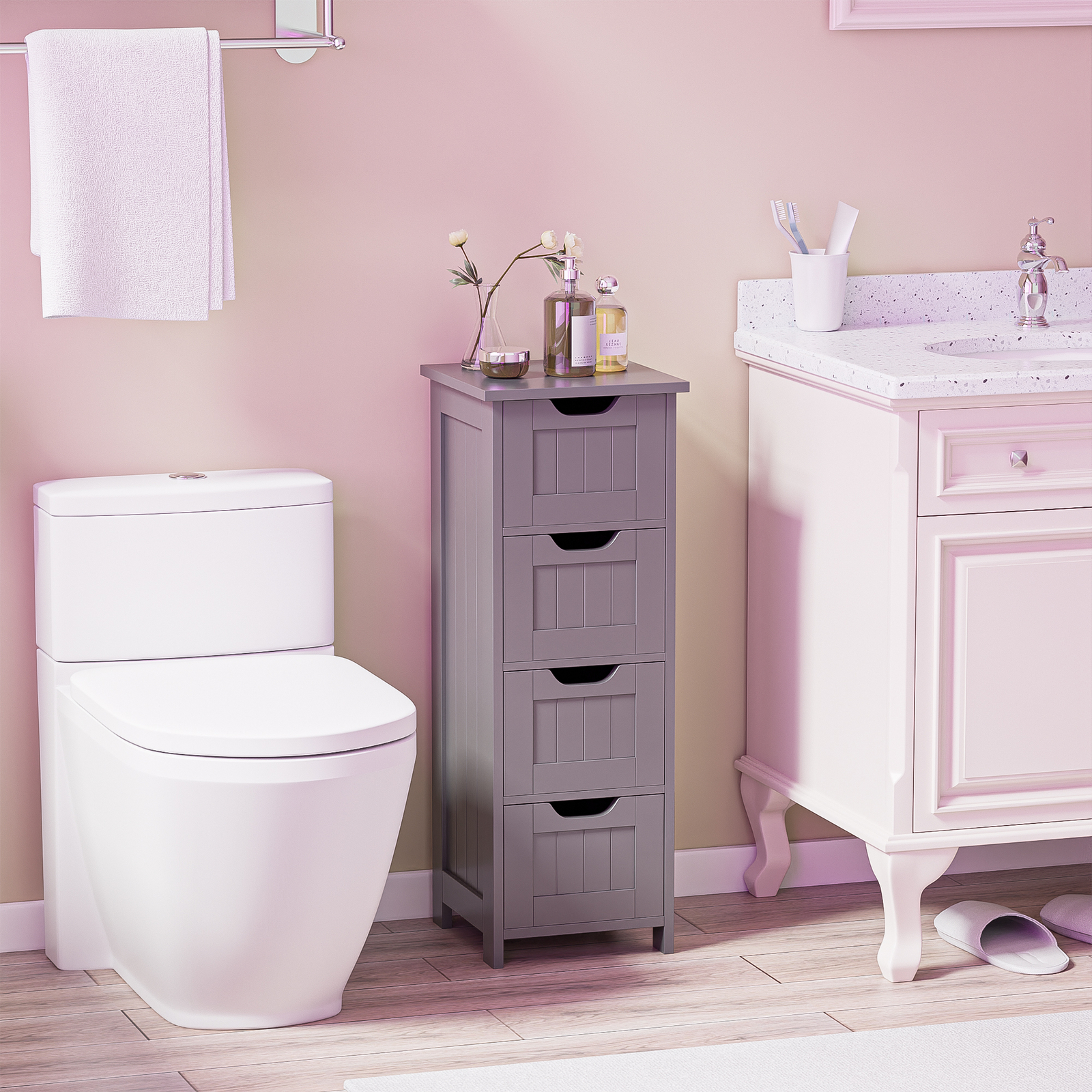 Bathroom Floor Cabinet with 4 Drawers Sturdy Storage Organizer Cabinet Gray