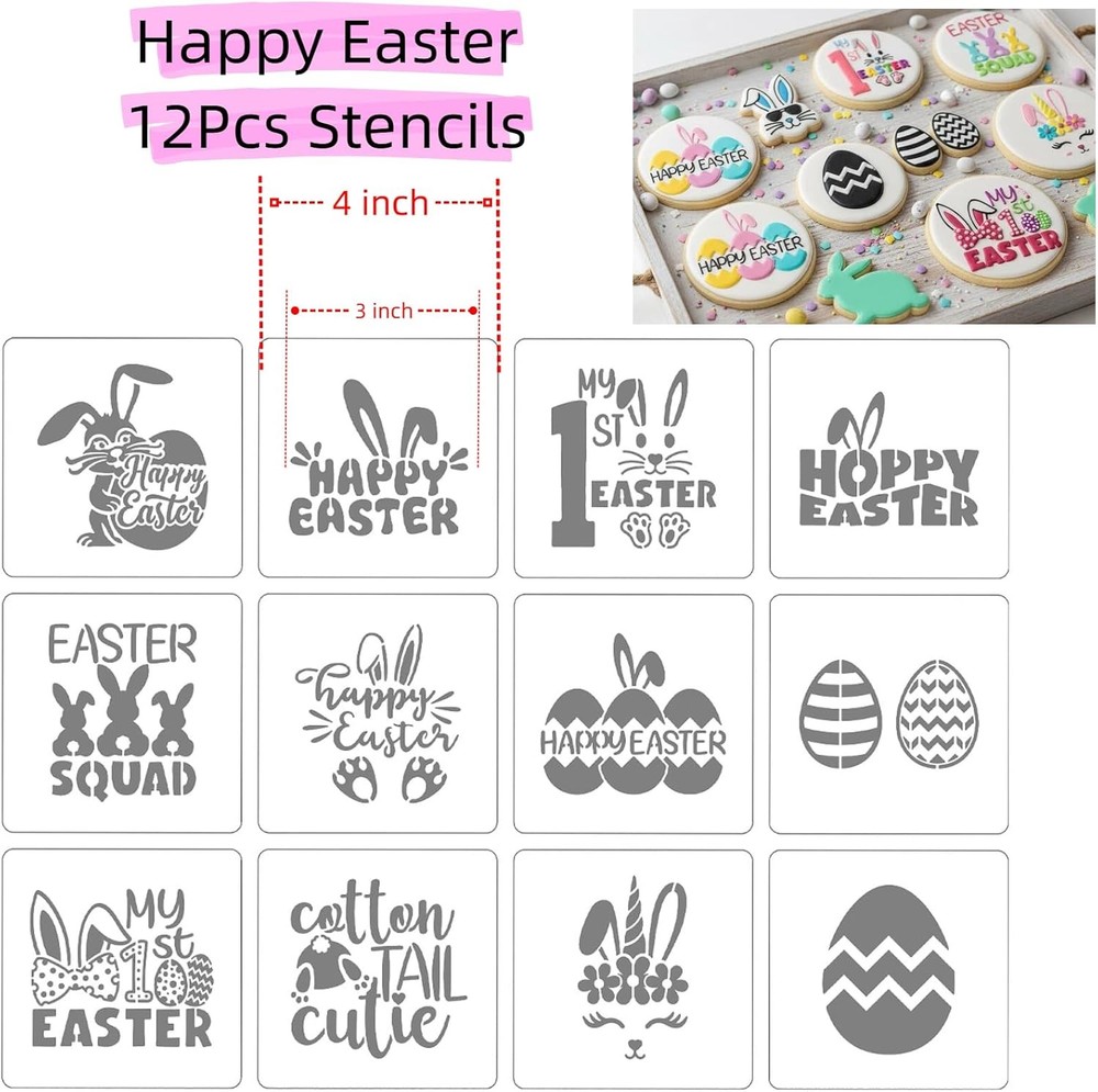 4Inches Happy Easter Cookie Stencils Decoration, 12PCS Style-Eggs/Hare/First Eas
