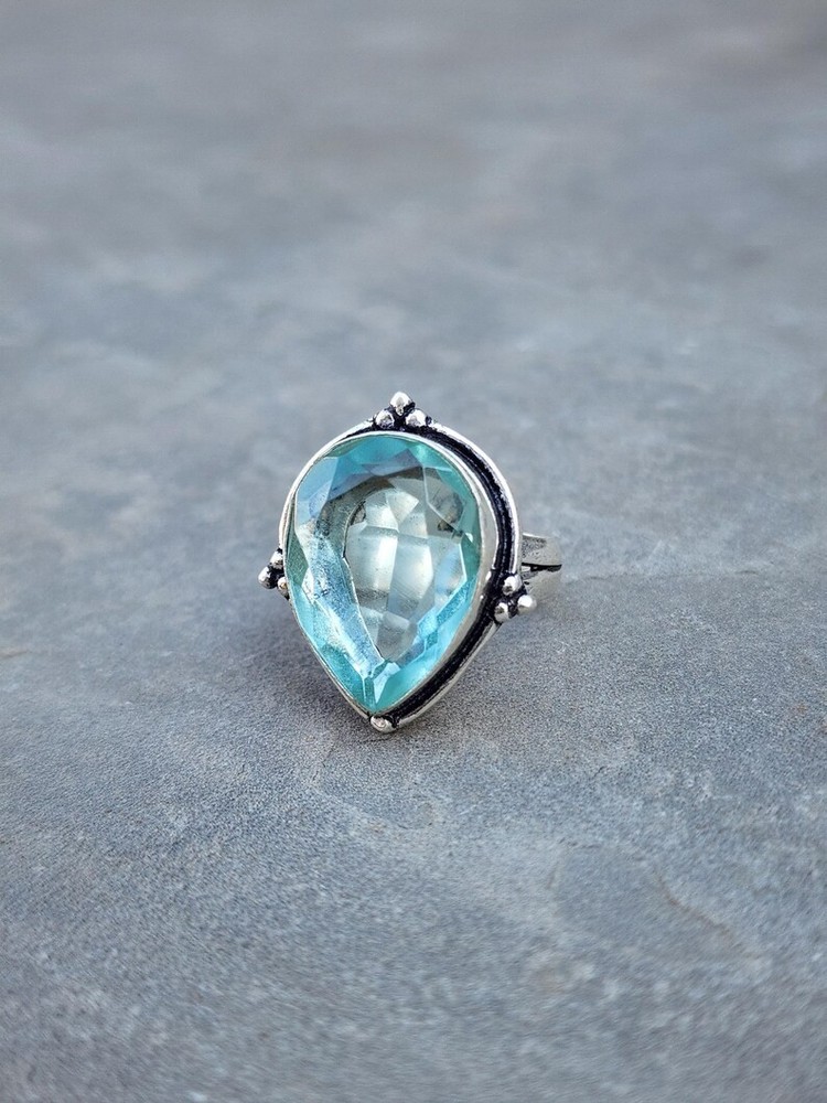Solid 925 Sterling Silver Aquamarine Pear Gemstone Statement Handmade Women Ring