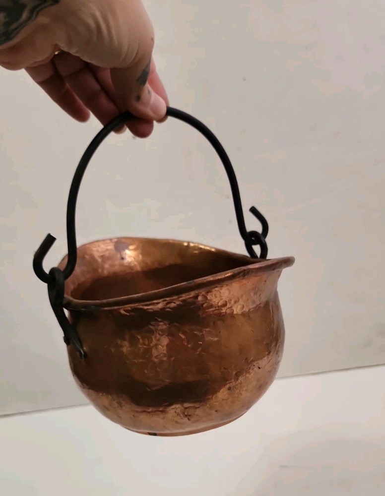 Hammered Copper Pot Hanging Cauldron Rustic Primitive Decor Black Iron Handle